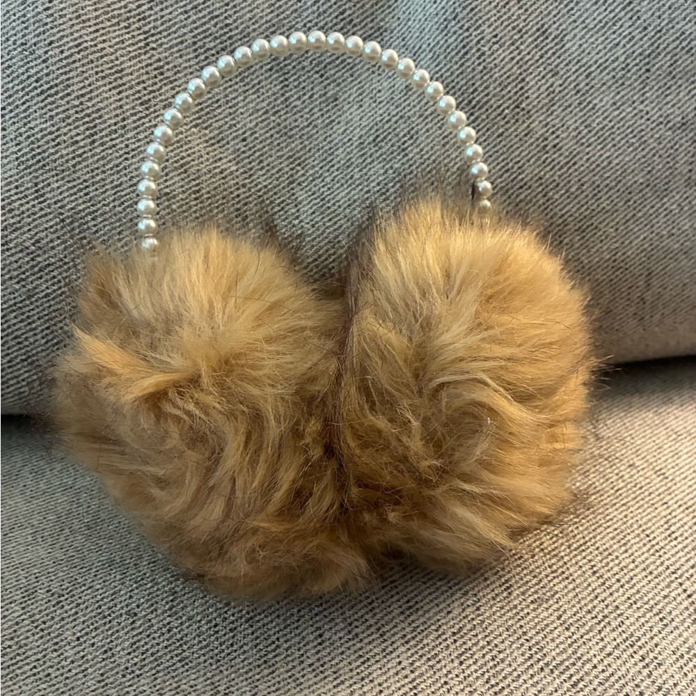 Faux Fur Pom Earmuffs in Warm Camel